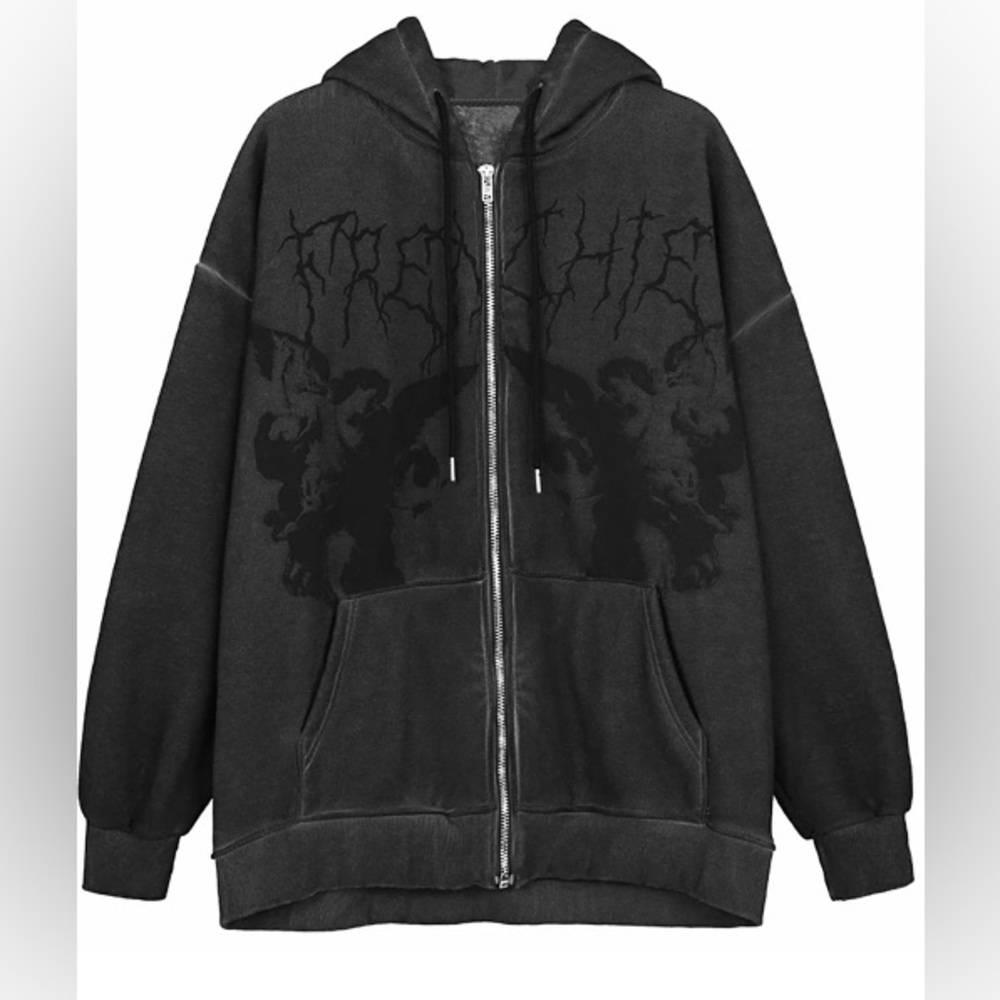 this is a black zip up hoodie it hasn’t been worn at all.